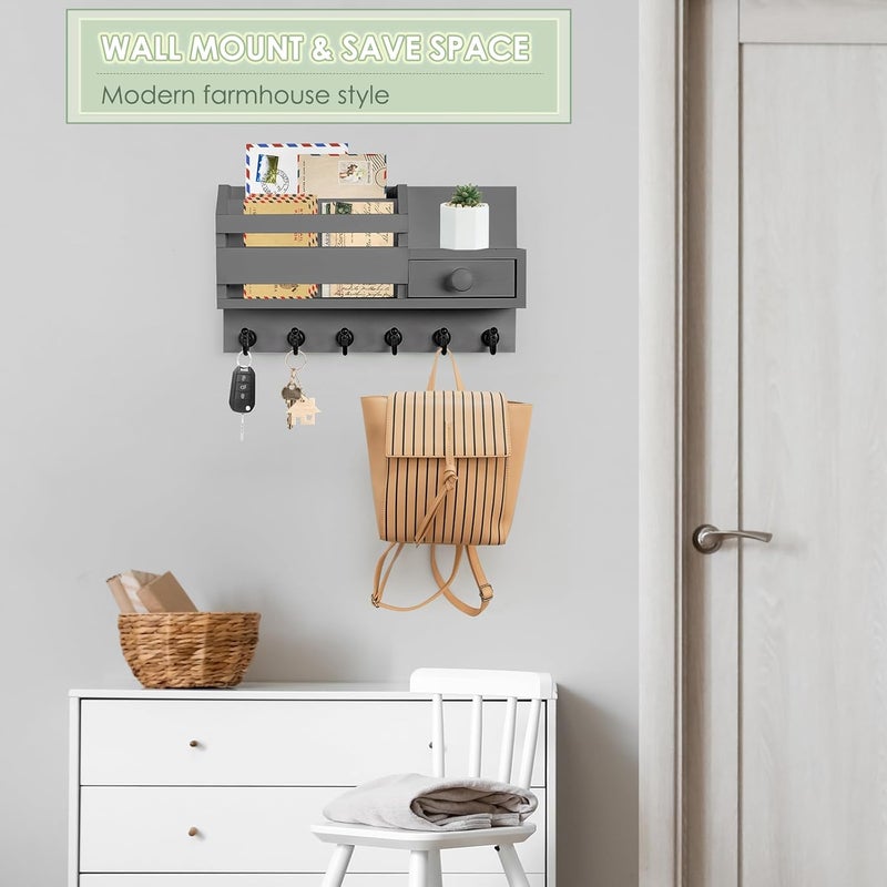VIS'V Key Holder Wall Mount, Wooden Mail and Key Organizer with Drawer and Shelf, 2 Slots, 6 Hooks, Grey - Image 2